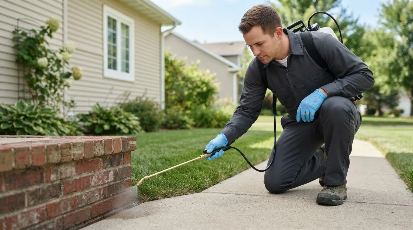 Pest control technician treating a home near Hartsville, IN